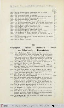 III. Geographie. - Reisen. - Geschichte. - Länder- und Völkerkunde. - Einschlägiges (Nr. 1643-2769)