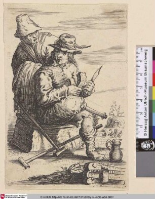 [sitzender Bettler mit Holzbein; Seated beggar with peg leg and holding knife in right hand]