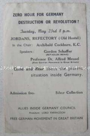 Einladung zu einer Veranstaltung deutscher Emigranten in Großbritannien über die Zukunft Deutschlands nach dem 2. Weltkrieg