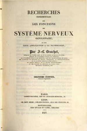 Recherches experimentales sur les fonctions du système nerveux ganglionaire