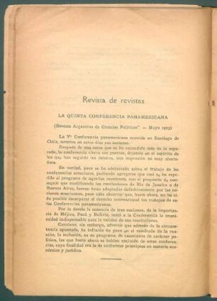 La Quinta Conferencia Panamericana : ("Revista argentina de ciencias políticas", mayo 1923)
