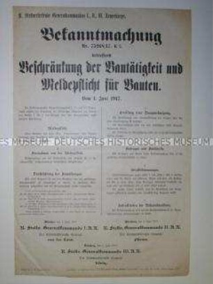 Bekanntmachung betreffend Einschränkung der Bautätigkeit