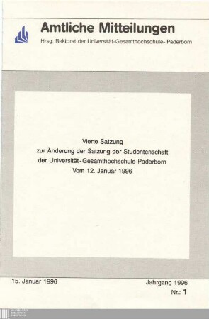 Vierte Satzung zur Änderung der Satzung der Studentenschaft der Universität - Gesamthochschule Paderborn : vom 12. Januar 1996