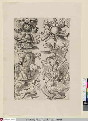 [Le second trophée offre en bas une femme ayant un casque sur la tête; Trophies including a Helmeted Woman; Trophäen und eine behelmte Frau]