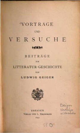 Vorträge und Versuche : Beiträge zur Litteratur-Geschichte