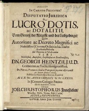 Disputatio Iuridica De Lucro Dotis, ac Dotalitii