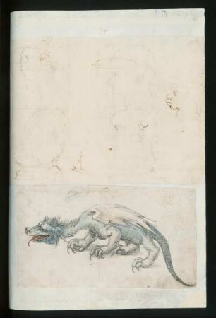 Skizzenblatt mit männlichen Kopfstudien im Profil und mit nach links schreitendem Lindwurm : 176r : Skizzenblatt mit männlichen Kopfstudien im Profil und mit nach links schreitendem Lindwurm (14,5 x 20,5 cm (Blättchen mit Köpfen) & 9,8 x 17,6 cm (Blättchen mit Lindwurm))