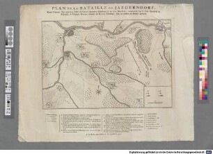 Plan De La Bataille De Jaegerndorf : Entre l'Armée Prussienne, forte d'environ cinquante Escadrons & de seize Bataillons, commandée par le Feld Maréchal de Lehwald, & l'Armée Russe, estimée de 80-000. Hommes, sous les ordres du Prince Apraxin