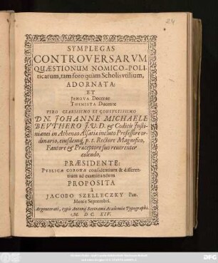 Symplegas Controversarum Quaestionum Nomico-Politicarum, tam foro quam Scholis utilium