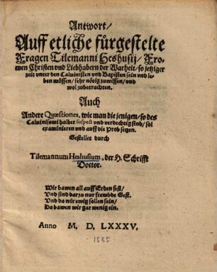 Antwort Auff etliche fürgestelte Fragen ...