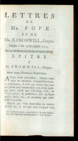 Lettres De Mr. Pope Et De Mr. H. Cromwell, Ecuyer