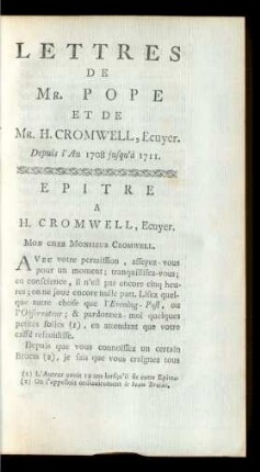Lettres De Mr. Pope Et De Mr. H. Cromwell, Ecuyer