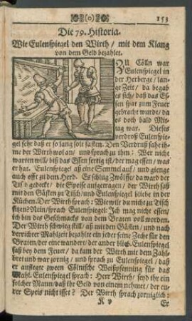 Die 79. Historia. Wie Eulenspiegel den Wirth/ mit dem Klang von dem Geld bezahlet