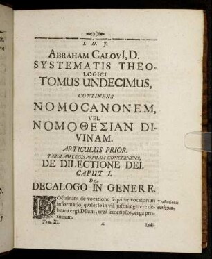 Articulus Prior. Tabulam Legis Primam Concernens, De Dilectione Dei.