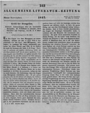 Baur, F. C.: Kritische Untersuchungen über die kanonischen Evangelien, ihr Verhältniß zu einander, ihren Charakter und Ursprung. Tübingen: Fues 1847 (Fortsetzung von Nr. 241)