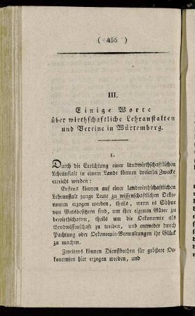 III. Einige Worte über wirthschaftliche Lehranstalten und Vereine in Würtemberg