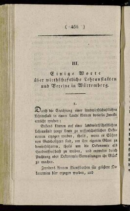 III. Einige Worte über wirthschaftliche Lehranstalten und Vereine in Würtemberg