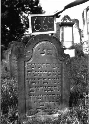 Grabstein 669 (Index: 100104908) Material: Sandstein Zustand: unten verwittert, abgeblättert, sonst gut erhalten Maße HxBxT: 92x51x7 cm Beschreibung: Stele, eingezogener Rundbogenabschluss, Schriftfeld eingetieft mit Konvexbogenabschluss: Grabstein 669