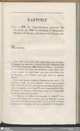 Rapport Fait à MM. les Administrateurs généraux des Monnaies, par MM. Vauquelin et Thénard, Membres de l'Institut, Professeurs de Chimie, etc.