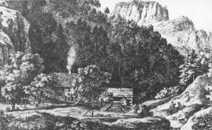 Kirnitzschtal (Landschaft). Heidemühle im Kirnitzschtal, Radierung von Adrian Ludwig Richter (1803-1884)