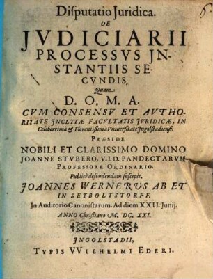 Disputatio iuridica de iudiciarii processus instantiis secundis : in Auditorio Canonistarum ...