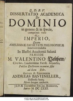 Dissertatio Academica De Dominio in genere & in specie, cumprimis vero de Imperio