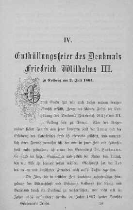 IV. Enthüllungsfeier des Denkmals Friedrich Wilhelms III. zu Colberg am 2. Juli 1864