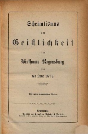 Schematismus des Bistums Regensburg. 1876, 1876