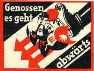 Klebezettel mit Karikatur und Aufschrift gegen die Eiserne Front