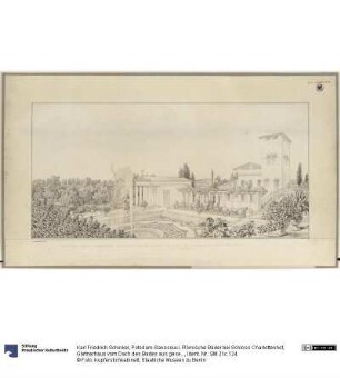 Potsdam-Sanssouci. Römische Bäder bei Schloss Charlottenhof, Gärtnerhaus vom Dach des Bades aus gesehen