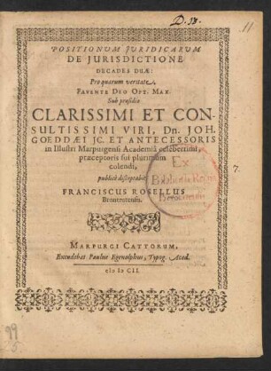 Positionum Iuridicarum De Iurisdictione Decades Duae