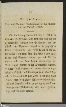Abschnitt VII. Reise nach Pyrmont, Vorkehrungen für den Aufenthalt und Ankunft daselbst