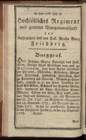 Hochlöbliches Regiment und gemeine Burgmannschaft der Kaiserlichen und des Heil. Reichs Burg Friedberg