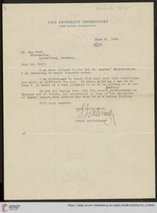 Briefe von Frank Schlesinger an Max Wolf: Brief von Frank Schlesinger von Yale University. Observatory an Max Wolf