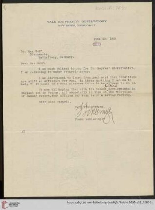Briefe von Frank Schlesinger an Max Wolf: Brief von Frank Schlesinger von Yale University. Observatory an Max Wolf