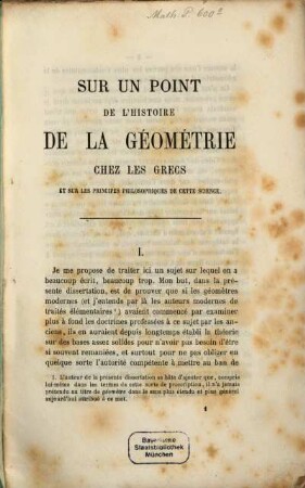 Sur un point de l'histoire de la géométrie chez les Grecs et sur les principes philosophiques de cette science