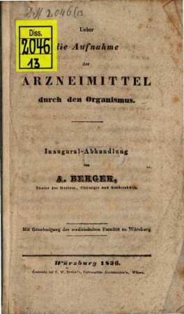Ueber die Aufnahme der Arzneimittel durch den Organismus : Inaugural-Abhandlung