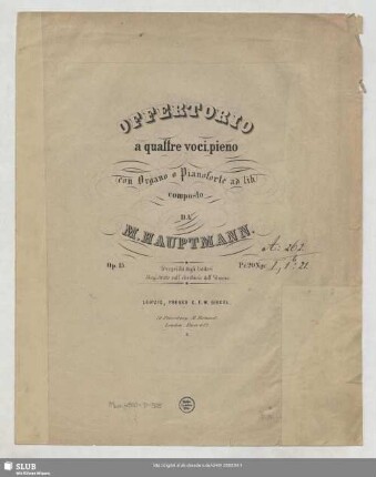 Offertorio a quattre voci, pieno (con Organo o Pianoforte) ad lib.) : Op. 15