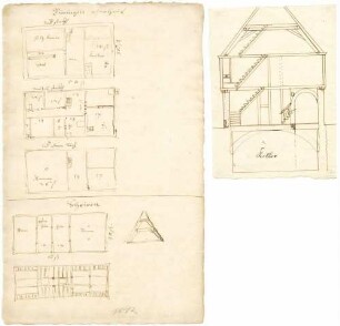 Grundrisse der drei Stockwerke des Pfarrhauses und der zwei Stockwerke der Scheuer (2 Folio); Aufriss des Pfarrhauses mit Keller (Quart); Teilaufriss mit Bemerkung "schweinstal" (Quart)