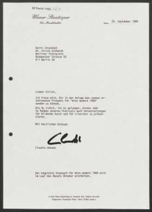 Brief an Ulrich Eckhardt an Berliner Festspiele, 25.09.1989