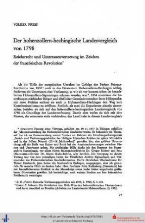 Der hohenzollern-hechingische Landesvergleich von 1798. Reichsrecht und Untertanenvertretung im Zeichen der Französischen Revolution.