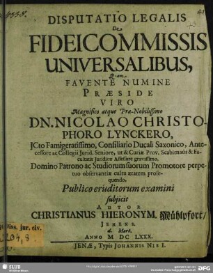 Disputatio legalis De Fideicommissis Universalibus