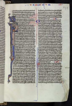 Historisierte Initialen (Prolog und Epistula Pauli ad Timotheum): T(imotheum): Vogel; P(aulus apostolus): Apostel Paulus mit Schwert