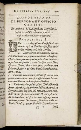 Disputatio VI. De Persona Et Officio Christi.