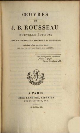 Oeuvres de J. B. Rousseau : avec un commentaire historique et littéraire, précédé d'un nouvel essai sur la vie et les écrits de l'auteur. 5