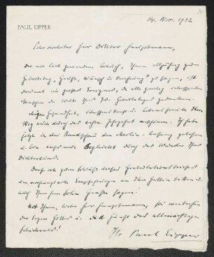 Brief von Gerhart Hauptmann an Paul Eipper