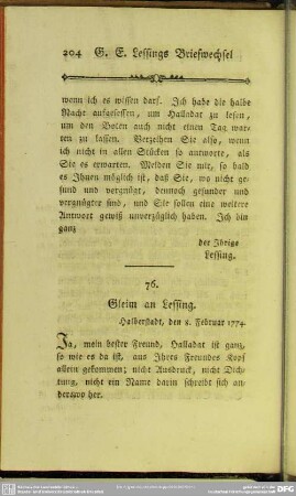 76. Gleim an Lessing. Halberstadt, den 8. Februar 1774