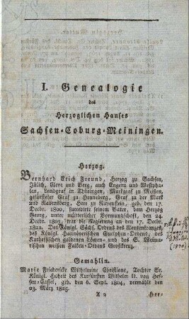 I. Genealogie des herzoglichen Hauses Sachsen-Coburg-Meiningen