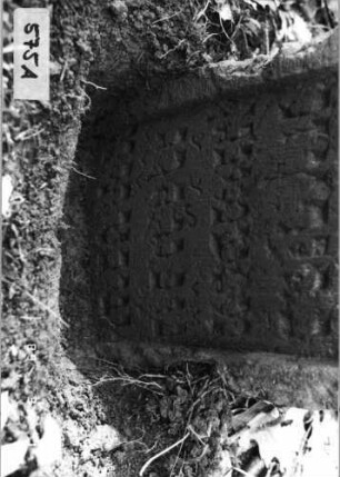 Grabstein 575 (Index: 99753061) Material: Sandstein Zustand: gut, Stele eingesunken Maße HxBxT: 64x31x10 cm Beschreibung: Stele, doppelt eingezogener Rundbogenabschluß, Schriftfeld eingetieft: Grabstein 575A