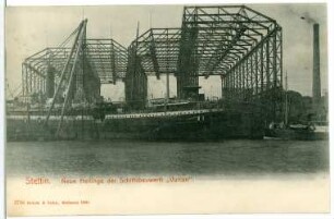 Stettin. Neue Hellinge der Schiffsbauwerft Vulcan mit Dampfer